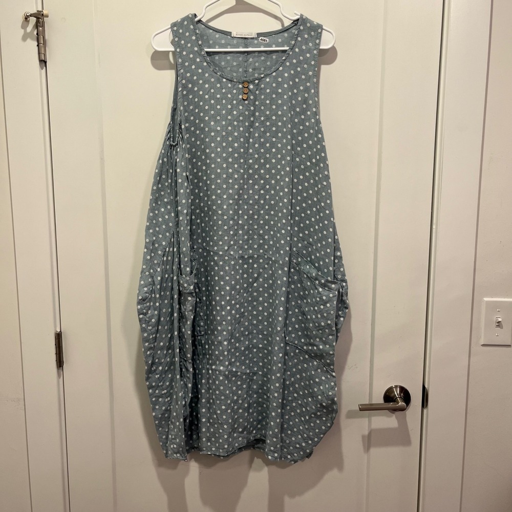 Made in Italy Linen Polka Dot Lagenlook Midi Dress Blue Sleeveless Large